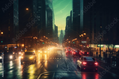 The light trails on the modern buildings background. Abstract motion blur city. Generative AI © barmaleeva