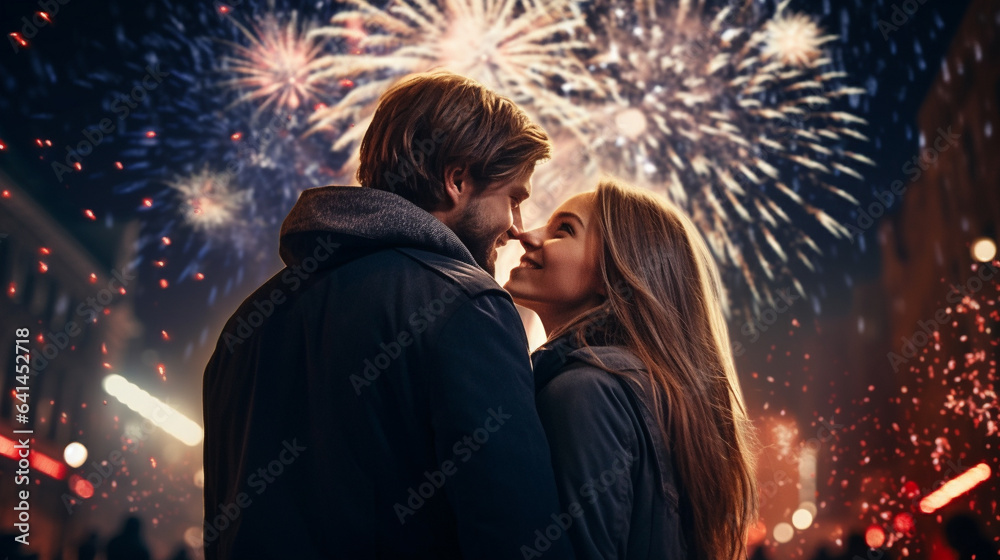 Happy couple having fun with sparklers and celebrating on New Year's eve celebration, Man and woman celebrating with firework on street at night, Romantic couple enjoying New Year party, AI Generated