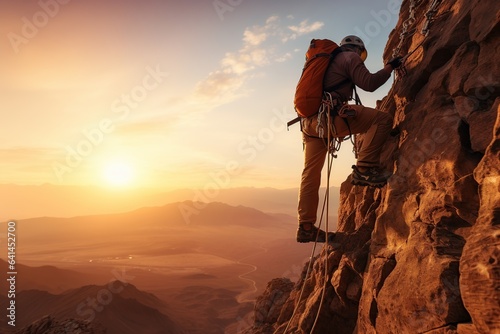 Rock climber climbs to the top of the mountain against the backdrop of a sunny dawn.