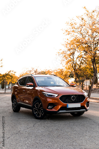 A vertical photo of an orange SUV is parked on an asphalt floor surrounded by trees. Concept of traveling with SUV. The orange color predominates in the photo. Joy and fun with exotic colors. ©  Yistocking