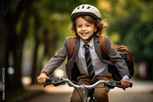 A schoolboy boy in a helmet rides a bicycle with a backpack