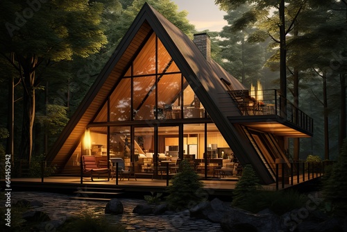 chalet cabin in the forest at sunset