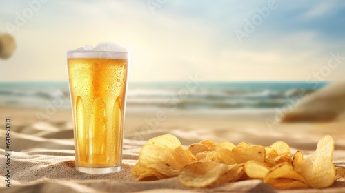 Glass of beer and potato chips on wooden table against blurred sea background