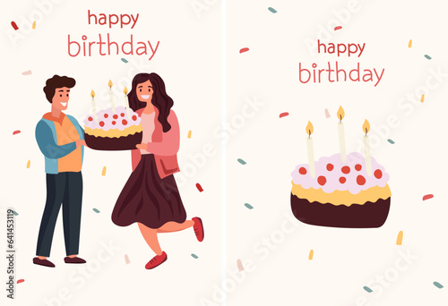 People celebrate birthday. Friends bearing presents and cake. Shared joy among men and women. Concept of happiness, celebration. Friends exchange gifts. Vector illustration.