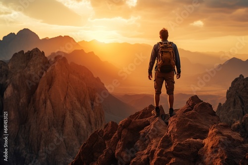 A man hiker with a backpack stand on top of a mountain and looks at the sunset