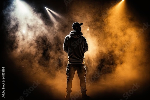 Young man in hoodie and cap standing in front of stage lights