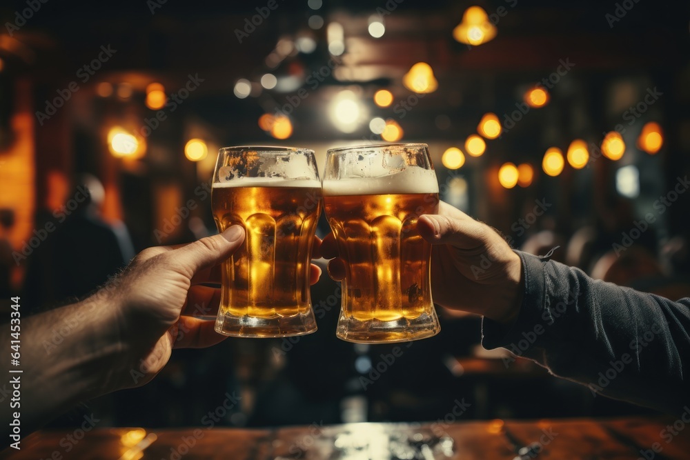 Two men clinking glasses of beer in pub, focus on hands