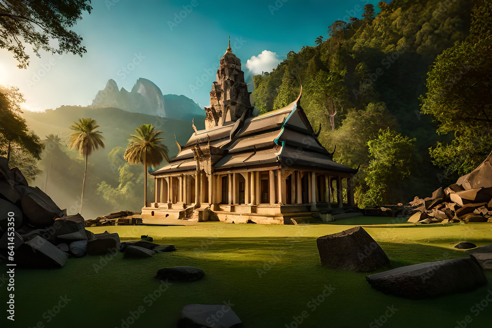 Naklejka premium Ancient Ta Promh temple in the jungle, Cambodia. Digital painting.