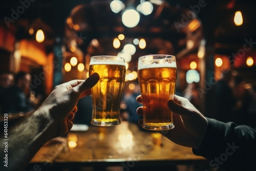 Two men clinking glasses of beer in pub  focus on hands