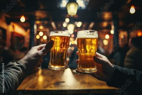 Close-up of two male hands holding glasses of beer in pub