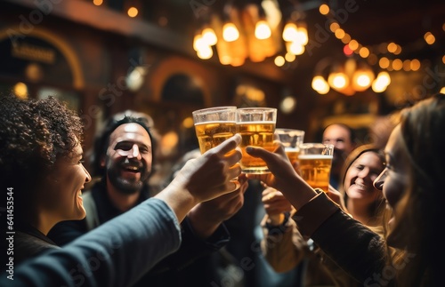 Happy friends clinking beer glasses at bar counter in pub or pub