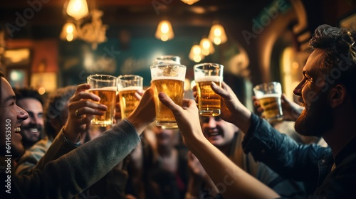 Group of friends clinking beer glasses at a bar or pub.