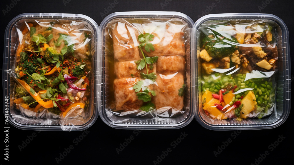 plastic box with different food on table. delivery service concept plastic box with different food on table. delivery service concept