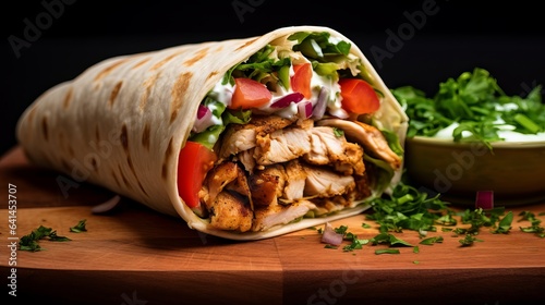 Fully loaded Chicken and vegetable wrap shawarma, Gyro with salad on foodie wrap