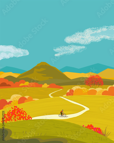 Colorful autumn Fall countryside vector landscape. Man riding bicycle enjoy Fall season serene rural scenery golden fields, forest, mounts scenic background. Autumnal weekend tourist trip illustration
