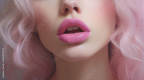 Close up view of beautiful woman lip with fresh lipstick, Beautiful mouth of young woman, Smiling close up of healthy woman, Laughing female lip with great teeth, Beautiful perfect lip, AI Generated