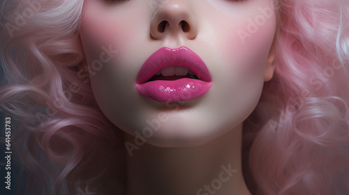 Close up view of beautiful woman lip with fresh lipstick  Beautiful mouth of young woman  Smiling close up of healthy woman  Laughing female lip with great teeth  Beautiful perfect lip  AI Generated