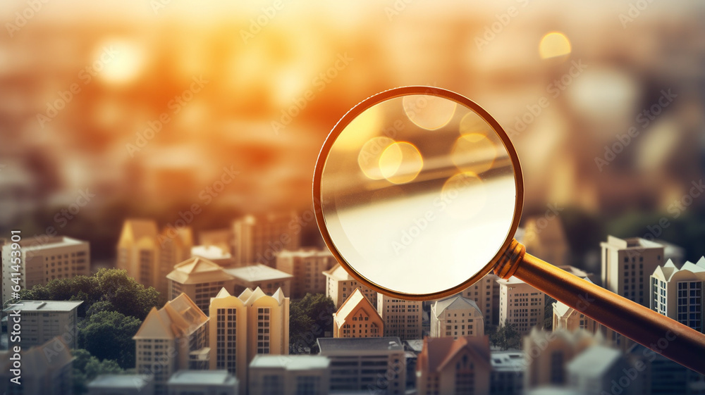 magnifying glass on the city with the view of the city magnifying glass on the city with the view of the city