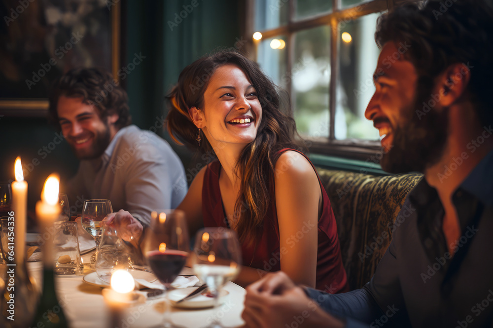 A candid moment captures a group of friends engrossed in conversation at a fine dining restaurant. The focus is on a young woman, elegantly dressed, her smile lighting up the table.