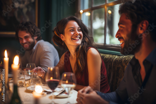 A candid moment captures a group of friends engrossed in conversation at a fine dining restaurant. The focus is on a young woman  elegantly dressed  her smile lighting up the table.