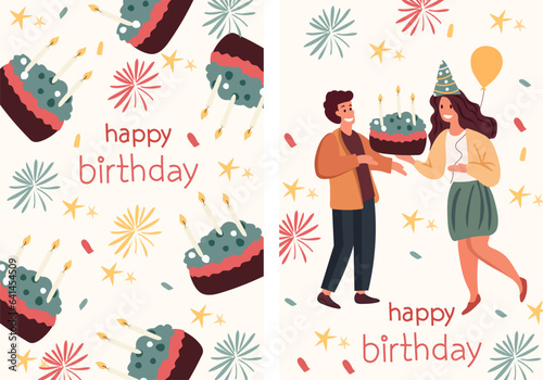 People celebrate birthday. Friends bearing presents and cake. Shared joy among men and women. Concept of happiness, celebration. Friends exchange gifts. Vector illustration.