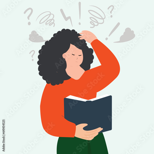 Young Woman Ponders Over Book Contents, Posing Queries. Perplexed Girl with a Speech Bubble Expressing Book-Related Concerns. Embodying the Notions of Research and Learning. Vector Illustration