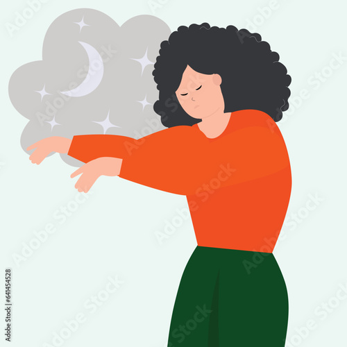Young Woman in Sleepwalking During the Night. Somnambulist Roaming with Raised Hands in a Dreamlike State. Illustrating the Phenomenon of Somnambulism. Vector Illustration
