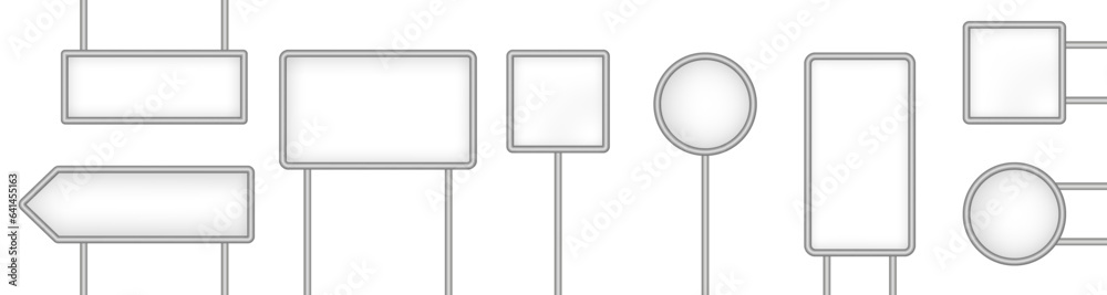 Set of white tablets, hanging panels, signboards with pointer isolated on a transparent background. Round and square signposts. 3D metal roadside pointers. Blank billboard Set of white tablets, hanging panels, signboards with pointer isolated on a transparent background. Round and square signposts. 3D metal roadside pointers. Blank billboard