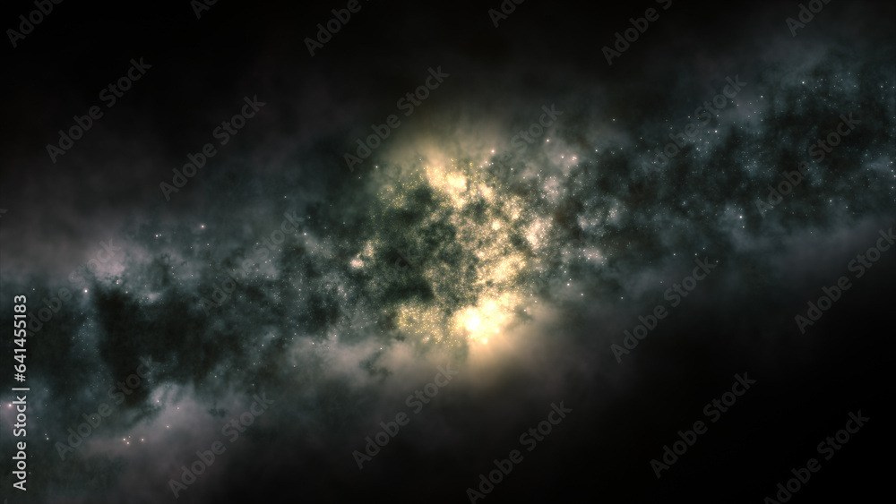 3D rendering of a bright galaxy consisting of nebulae and star clusters