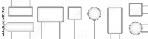 Set of white tablets, hanging panels, signboards with pointer isolated on a transparent background. Round and square signposts. 3D metal roadside pointers. Blank billboard