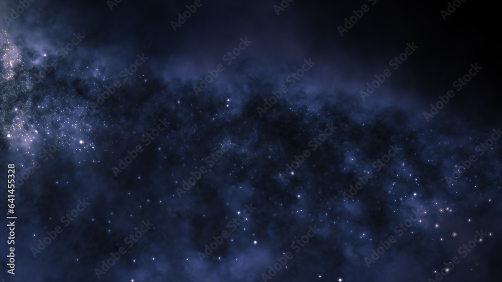 3D rendering of a bright galaxy consisting of nebulae and star clusters