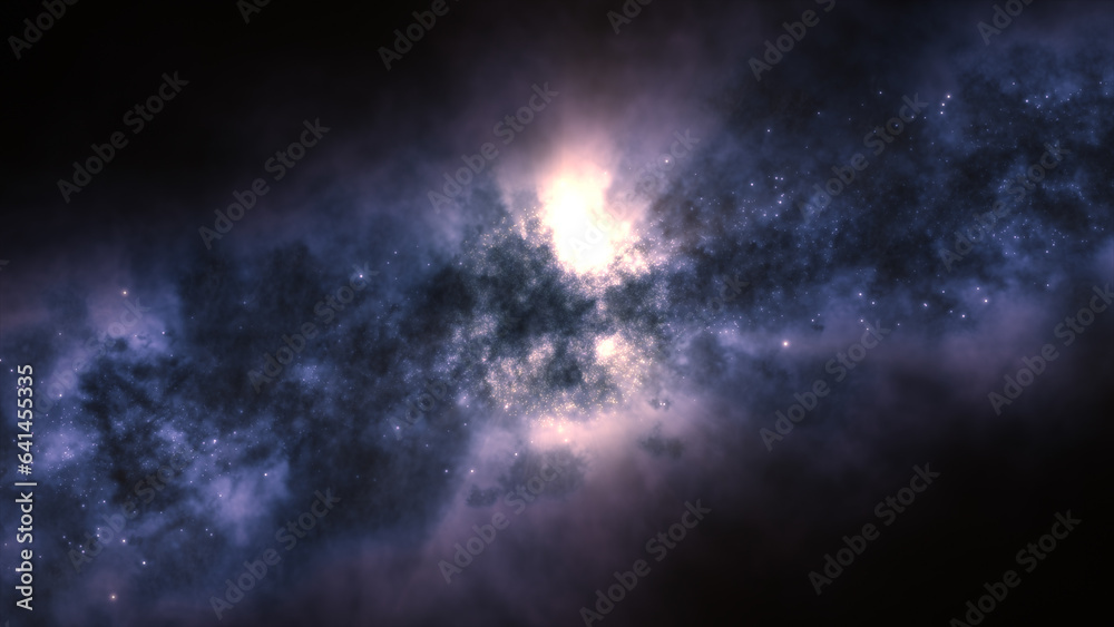 3D rendering of a bright galaxy consisting of nebulae and star clusters