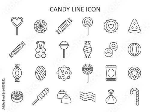 Candy line icon set. Symbol collection with lollipop, sweets, caramel, candy cane, chocolate, gummy bear. Vector illustration.