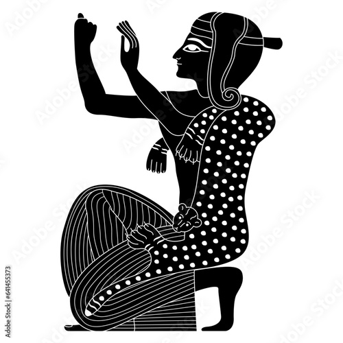 Kneeling praying ancient Egyptian man. Ethnic design. Black and white negative silhouette.