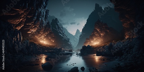 Epic dark background  gloomy river  gorge in the mountains. Scary night scenery. Generated by AI.