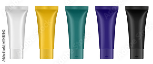 Set of multicolored tubes. 3d mockup. Purple, green, black, gold and white colors. Hand cream, mask or lotion. Professional shampoo	