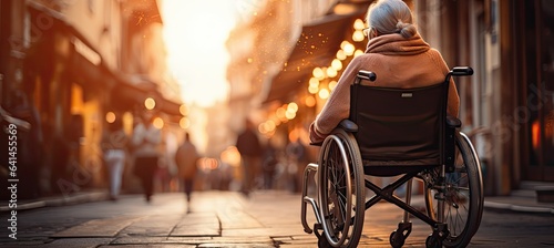 woman in a wheelchair driving through the city street photo