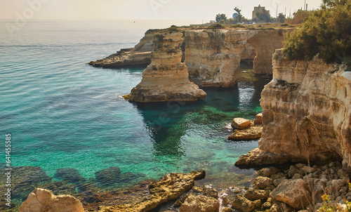 sea scenery in Puglia. Italy. Torre di Sant Andrea - famous beach with rock formations near Otranto town