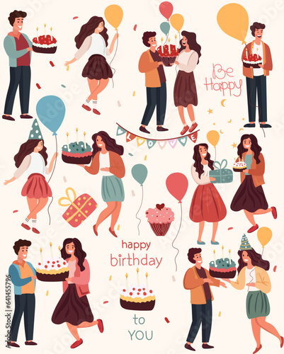 Birthday joy, Gathering of friends bearing presents and cake. Men and women enjoy mutual merriment, epitomizing celebration and happiness. Gleeful faces all around. Vector.