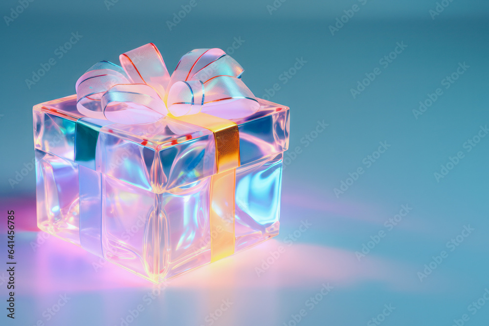 Cyberpunk gift box containing the entire universe with a bow on top. pastel blue background. Cyberpunk gift box containing the entire universe with a bow on top. pastel blue background.