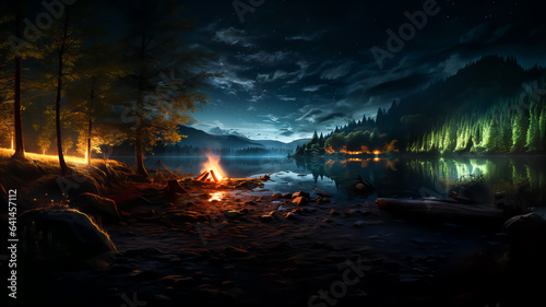 Black background. A small bonfire on the shore of a mountain lake or river. Night scene. Generative AI technology.