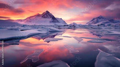 polar landscape at sunset, with the sky aglow in a kaleidoscope of reds, oranges, and pinks, reflecting off the icy mountains and glaciers, showcasing the sublime beauty of nature's vivid canvas. © pvl0707