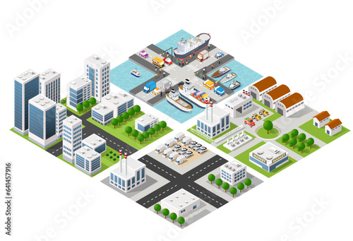 Isometric port cargo ship cargo seaport at sea with crane container transport