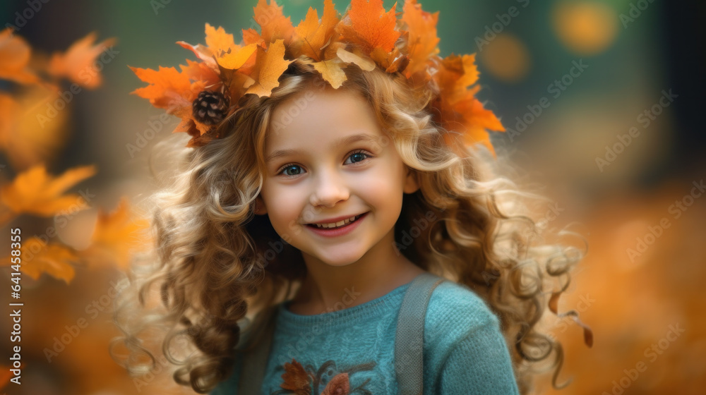Close-up portrait of a joyful 5 years old blonde girl in a crown of autumn maple leaves against a blurred fall park background Close-up portrait of a joyful 5 years old blonde girl in a crown of autumn maple leaves against a blurred fall park background