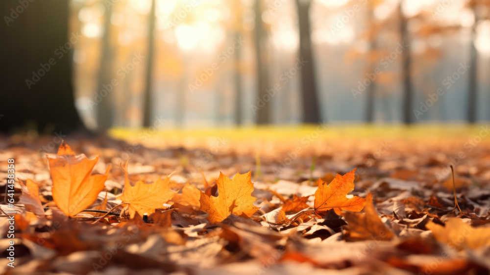 Beautiful yellow and brown leaves in an autumn park. Autumn leaves covering the ground in the autumn forest. Golden autumn forest in sunlight. Defocused view, blurred background.