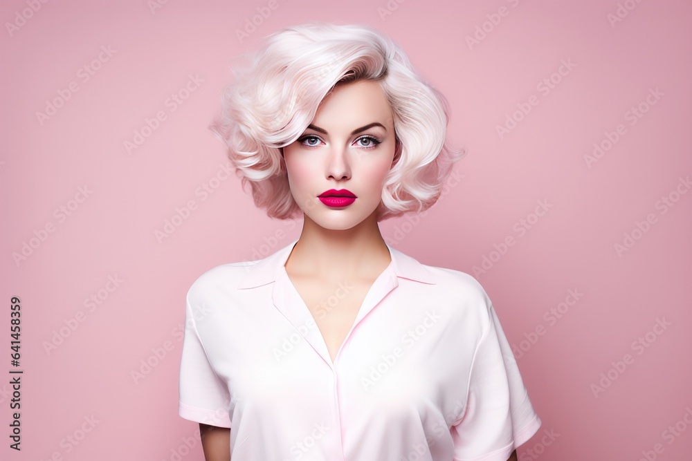 Portrait of a Woman Dressed as a 1950s Movie Star for Halloween on a Pink Background with Space for Copy