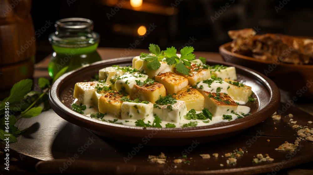 Traditional Indian dish paneer cheese with parsley and sauce, restaurant menu Traditional Indian dish paneer cheese with parsley and sauce, restaurant menu
