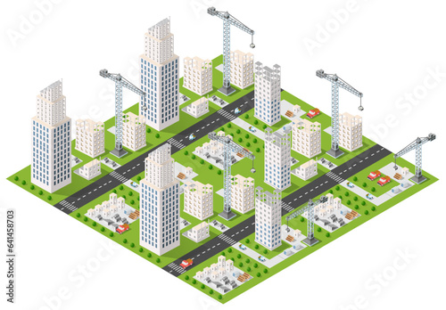 Industrial city building with construction cranes and town houses