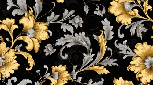 a black floral ornament in a retro style. Showcase intricate flower and curl motifs, evoking a sense of vintage charm and sophistication SEAMLESS PATTERN. SEAMLESS WALLPAPER.