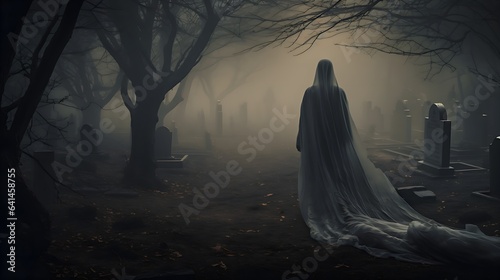 Helloween: A ghostly figure emerging from a fog-covered graveyard